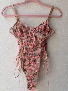 Sheer Mesh Floral Embroidered Lace‎ Up Bodysuit XS Pink Ballet Coquette Fairy